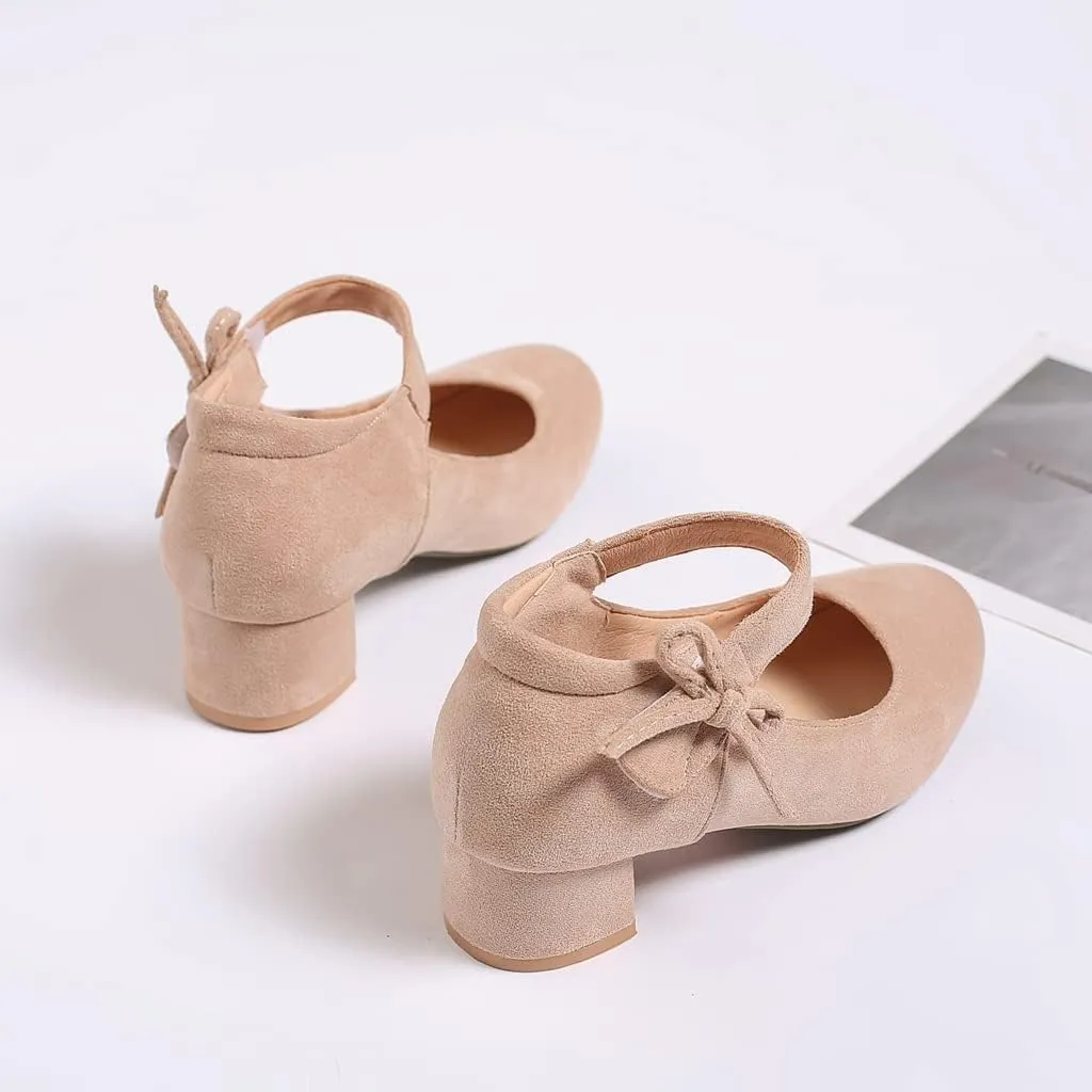 MIOKE Women's Chunky Mid Block Heel Pumps Round Toe Bowknot Suede Slip-On Comfort Dress Work Office Shoes