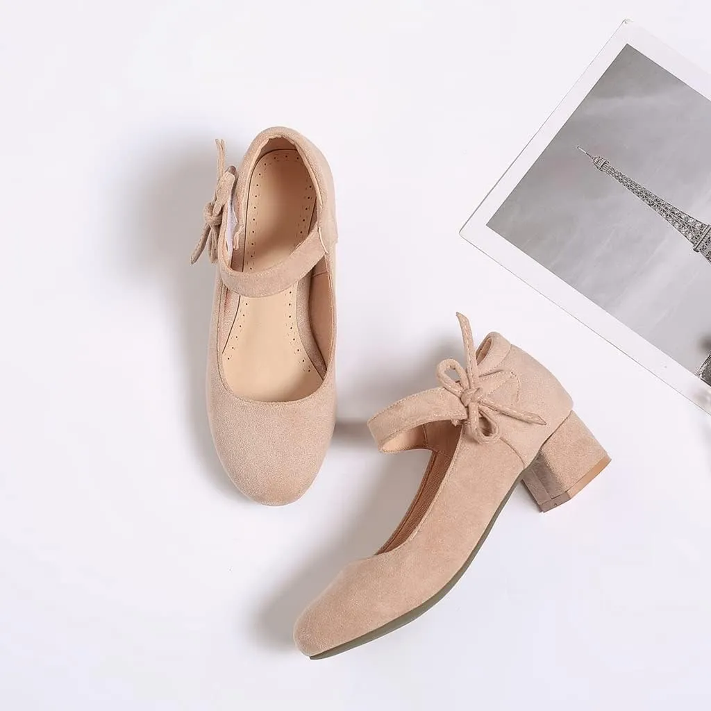 MIOKE Women's Chunky Mid Block Heel Pumps Round Toe Bowknot Suede Slip-On Comfort Dress Work Office Shoes