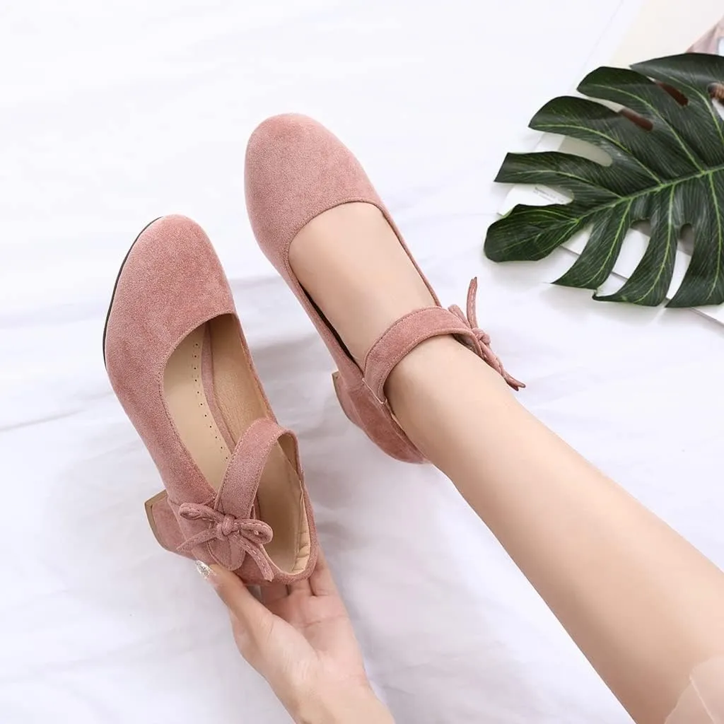 MIOKE Women's Chunky Mid Block Heel Pumps Round Toe Bowknot Suede Slip-On Comfort Dress Work Office Shoes