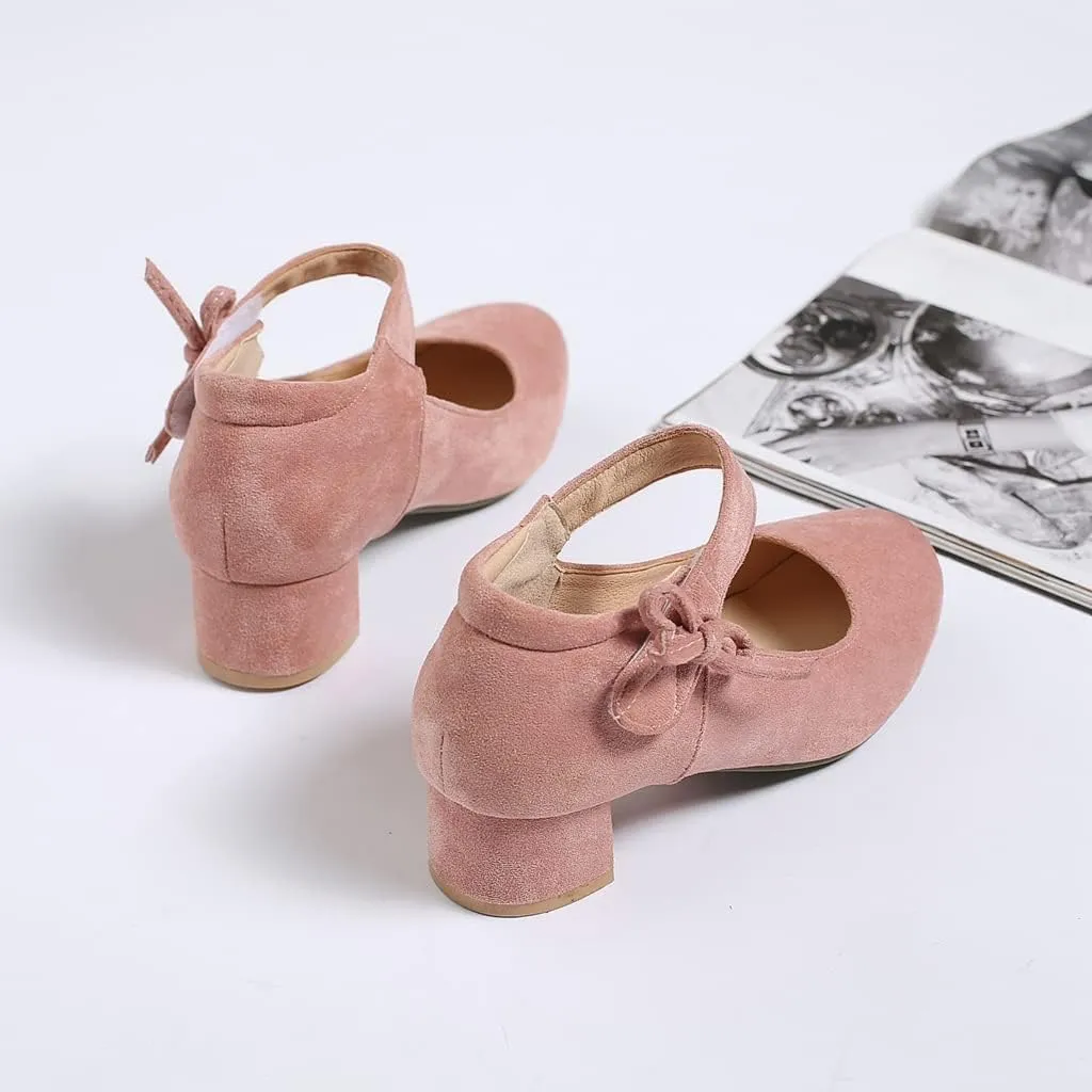 MIOKE Women's Chunky Mid Block Heel Pumps Round Toe Bowknot Suede Slip-On Comfort Dress Work Office Shoes