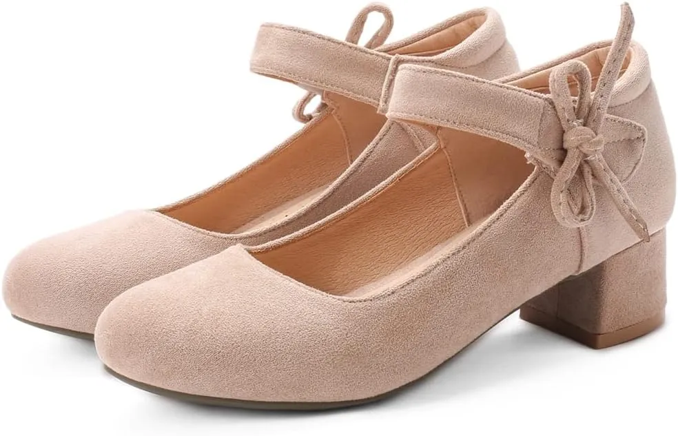 MIOKE Women's Chunky Mid Block Heel Pumps Round Toe Bowknot Suede Slip-On Comfort Dress Work Office Shoes