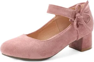 MIOKE Women's Chunky Mid Block Heel Pumps Round Toe Bowknot Suede Slip-On Comfort Dress Work Office Shoes