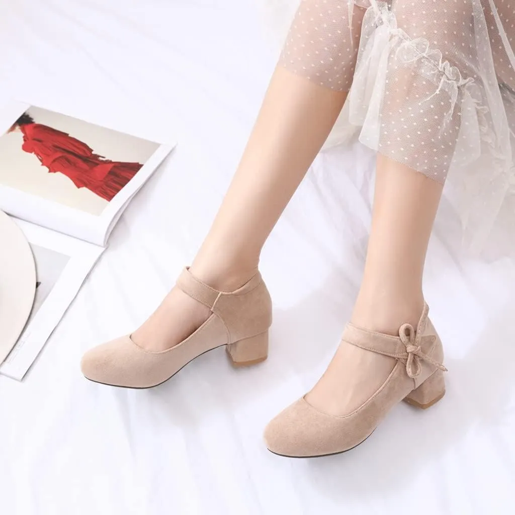 MIOKE Women's Chunky Mid Block Heel Pumps Round Toe Bowknot Suede Slip-On Comfort Dress Work Office Shoes