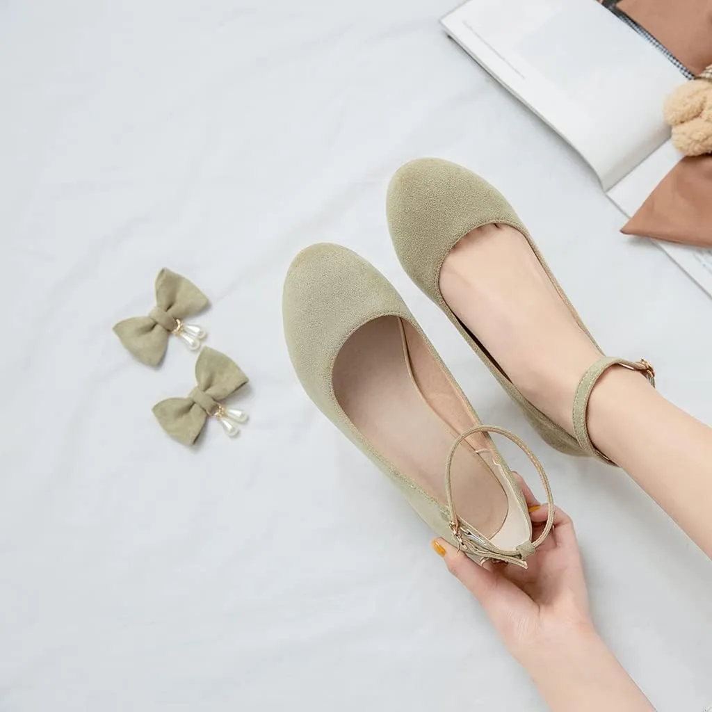 MIOKE Women's Chunky Mid Heel Dress Pumps Square Toe Buckle Suede Slip-On Comfort Casual Office Work Shoes