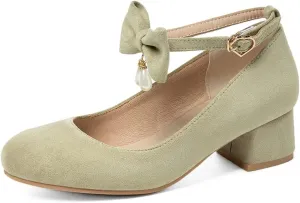 MIOKE Women's Chunky Mid Heel Dress Pumps Square Toe Buckle Suede Slip-On Comfort Casual Office Work Shoes