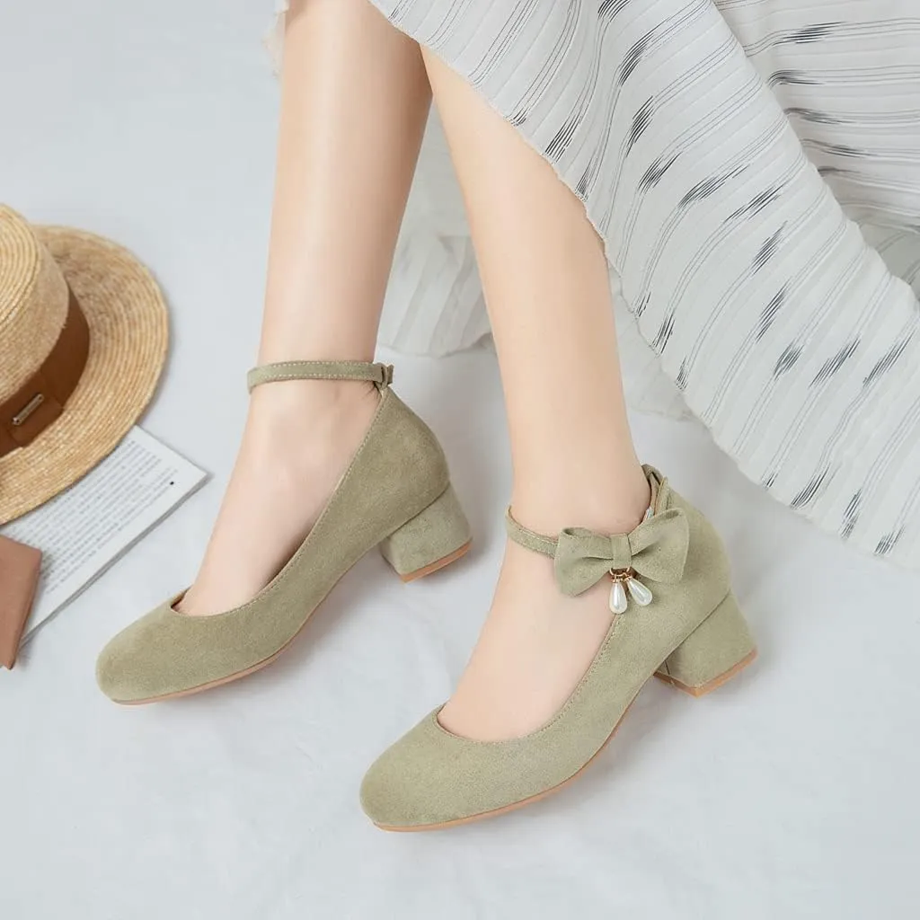 MIOKE Women's Chunky Mid Heel Dress Pumps Square Toe Buckle Suede Slip-On Comfort Casual Office Work Shoes
