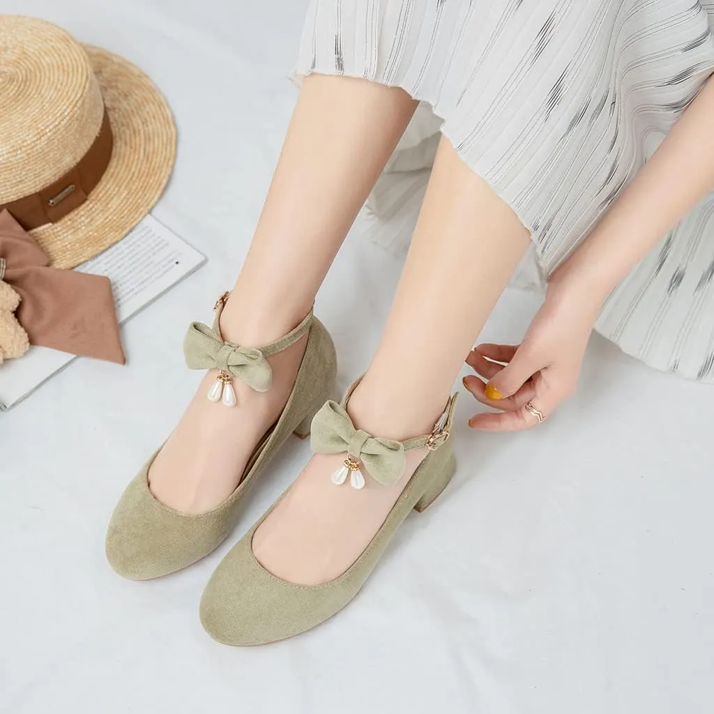 MIOKE Women's Chunky Mid Heel Dress Pumps Square Toe Buckle Suede Slip-On Comfort Casual Office Work Shoes