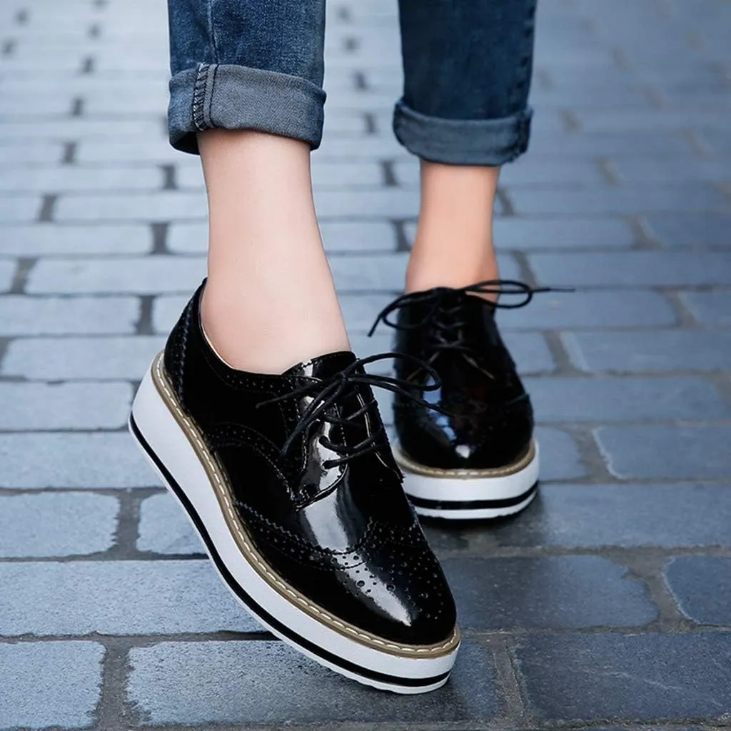MIOKE Women's Fashion Platform Oxford Shoes Lace Up Wingtip Patent Leather Chunky Mid Heel Wedge Dress Shoes