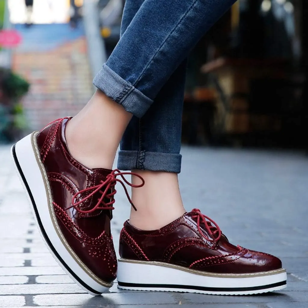 MIOKE Women's Fashion Platform Oxford Shoes Lace Up Wingtip Patent Leather Chunky Mid Heel Wedge Dress Shoes
