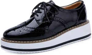 MIOKE Women's Fashion Platform Oxford Shoes Lace Up Wingtip Patent Leather Chunky Mid Heel Wedge Dress Shoes