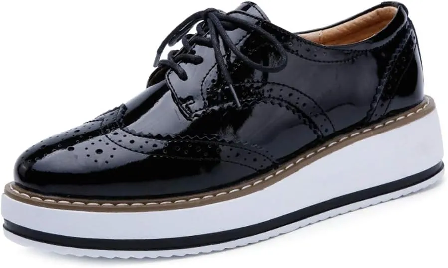 MIOKE Women's Fashion Platform Oxford Shoes Lace Up Wingtip Patent Leather Chunky Mid Heel Wedge Dress Shoes