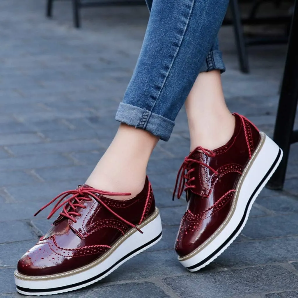 MIOKE Women's Fashion Platform Oxford Shoes Lace Up Wingtip Patent Leather Chunky Mid Heel Wedge Dress Shoes