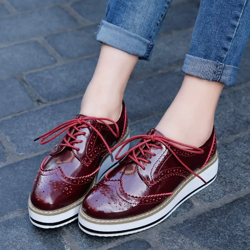 MIOKE Women's Fashion Platform Oxford Shoes Lace Up Wingtip Patent Leather Chunky Mid Heel Wedge Dress Shoes
