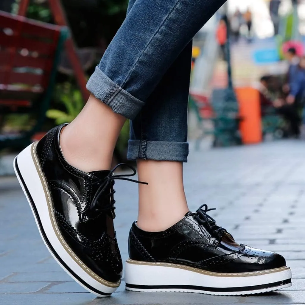 MIOKE Women's Fashion Platform Oxford Shoes Lace Up Wingtip Patent Leather Chunky Mid Heel Wedge Dress Shoes