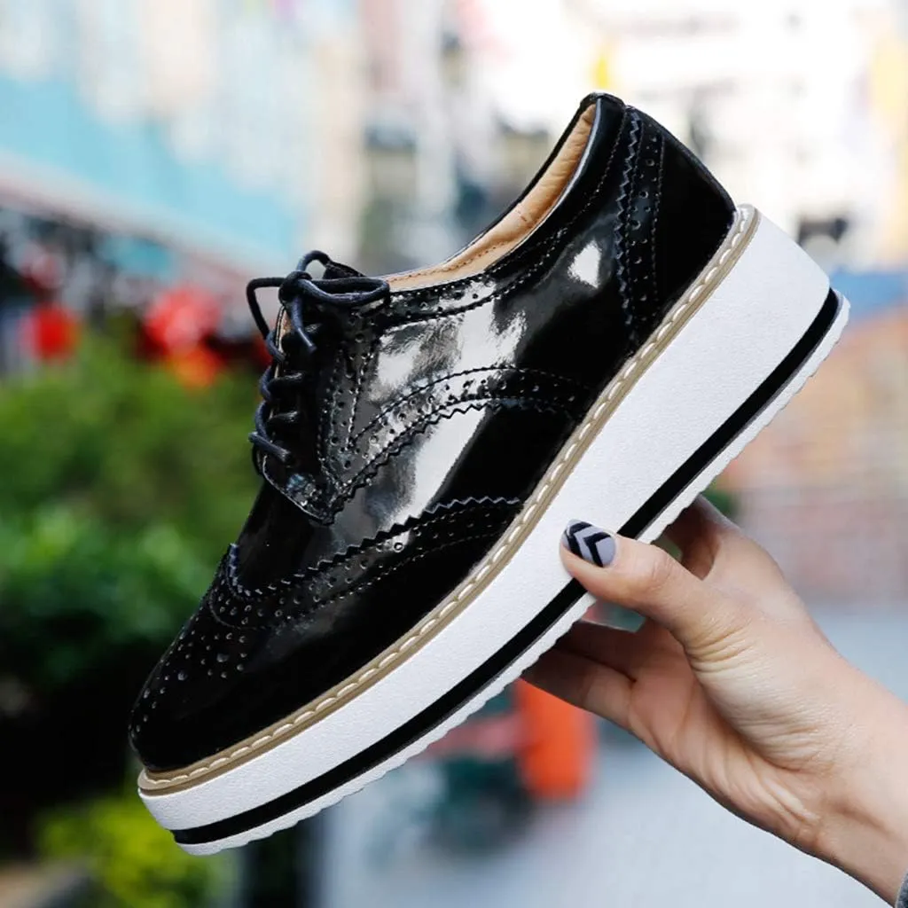 MIOKE Women's Fashion Platform Oxford Shoes Lace Up Wingtip Patent Leather Chunky Mid Heel Wedge Dress Shoes