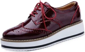 MIOKE Women's Fashion Platform Oxford Shoes Lace Up Wingtip Patent Leather Chunky Mid Heel Wedge Dress Shoes