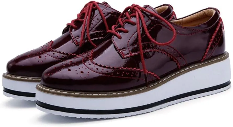 MIOKE Women's Fashion Platform Oxford Shoes Lace Up Wingtip Patent Leather Chunky Mid Heel Wedge Dress Shoes