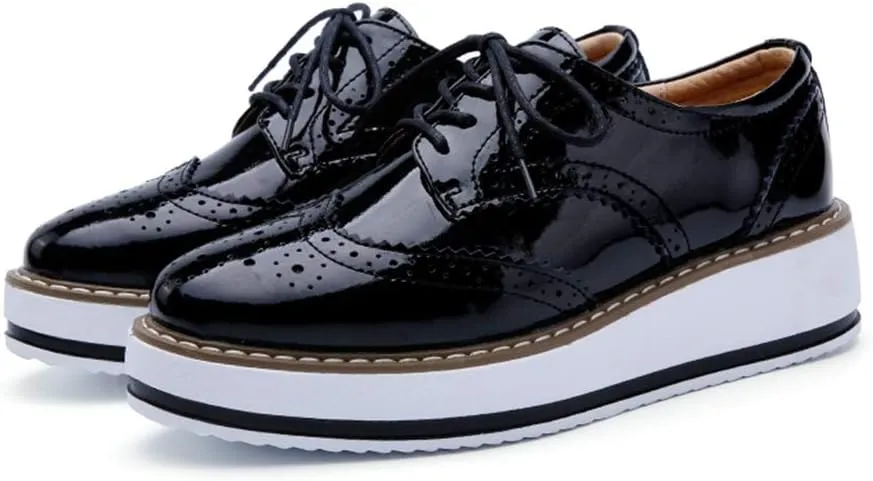 MIOKE Women's Fashion Platform Oxford Shoes Lace Up Wingtip Patent Leather Chunky Mid Heel Wedge Dress Shoes