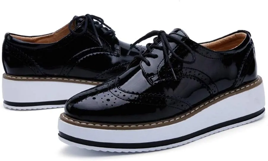 MIOKE Women's Fashion Platform Oxford Shoes Lace Up Wingtip Patent Leather Chunky Mid Heel Wedge Dress Shoes