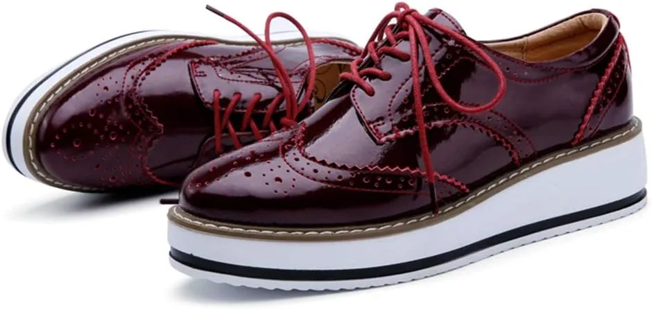 MIOKE Women's Fashion Platform Oxford Shoes Lace Up Wingtip Patent Leather Chunky Mid Heel Wedge Dress Shoes