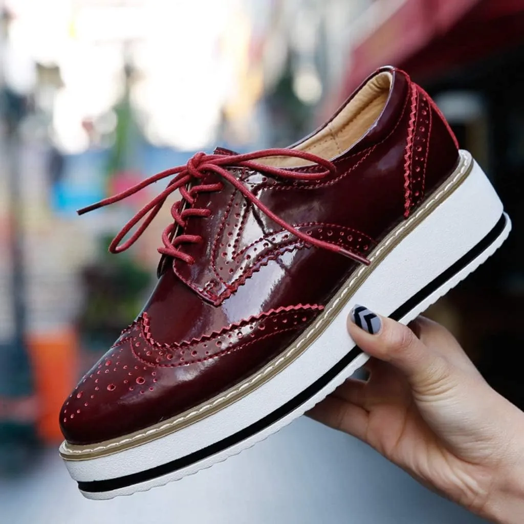MIOKE Women's Fashion Platform Oxford Shoes Lace Up Wingtip Patent Leather Chunky Mid Heel Wedge Dress Shoes