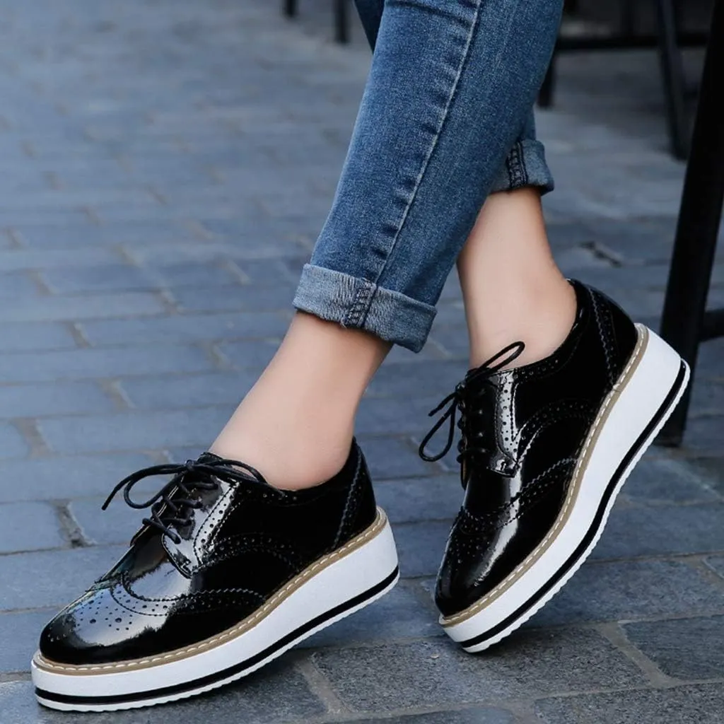MIOKE Women's Fashion Platform Oxford Shoes Lace Up Wingtip Patent Leather Chunky Mid Heel Wedge Dress Shoes