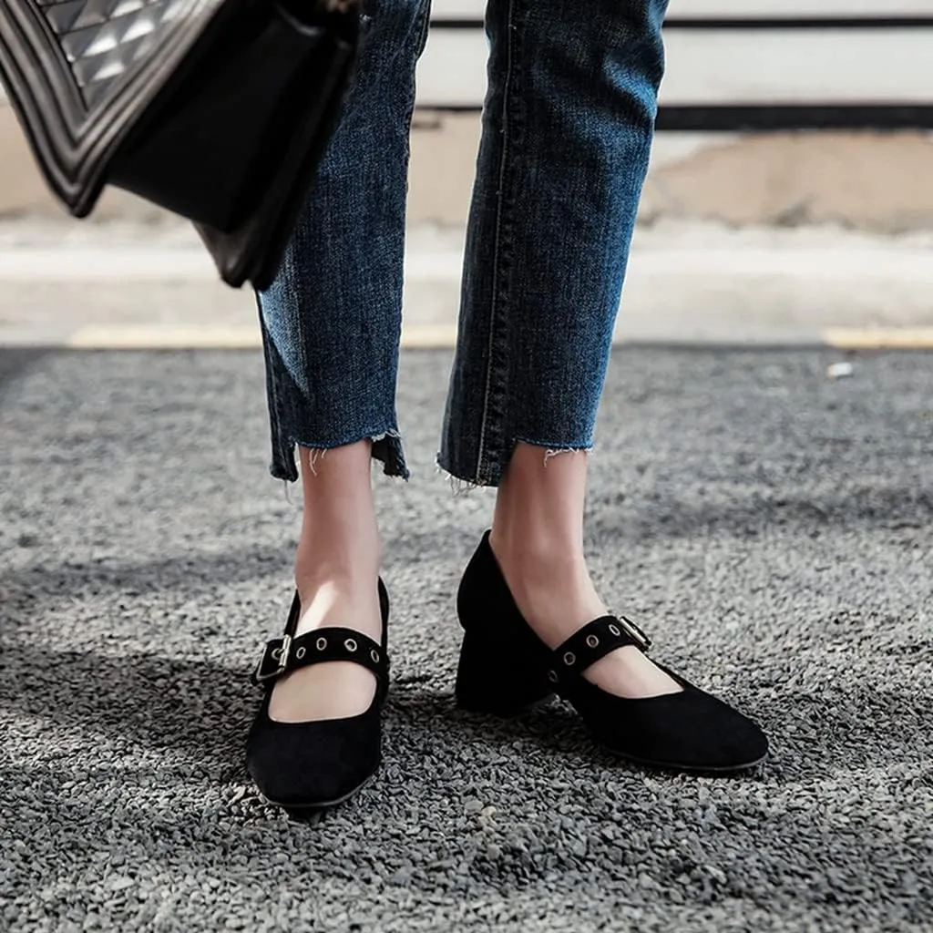 MIOKE Women's Retro Square Toe Chunky Mid Heel Pumps Casual Suede Buckle Strap Mary Jane Office Dress Shoes