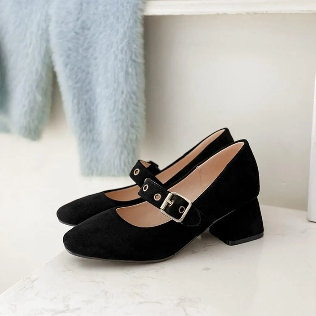 MIOKE Women's Retro Square Toe Chunky Mid Heel Pumps Casual Suede Buckle Strap Mary Jane Office Dress Shoes