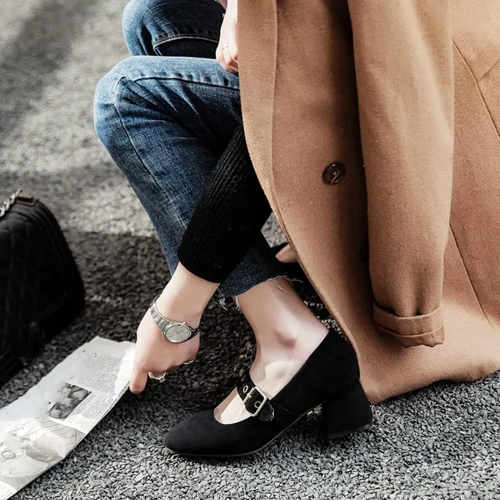 MIOKE Women's Retro Square Toe Chunky Mid Heel Pumps Casual Suede Buckle Strap Mary Jane Office Dress Shoes