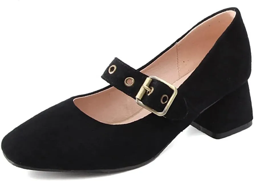 MIOKE Women's Retro Square Toe Chunky Mid Heel Pumps Casual Suede Buckle Strap Mary Jane Office Dress Shoes