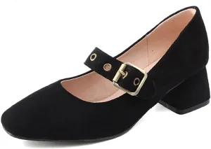 MIOKE Women's Retro Square Toe Chunky Mid Heel Pumps Casual Suede Buckle Strap Mary Jane Office Dress Shoes