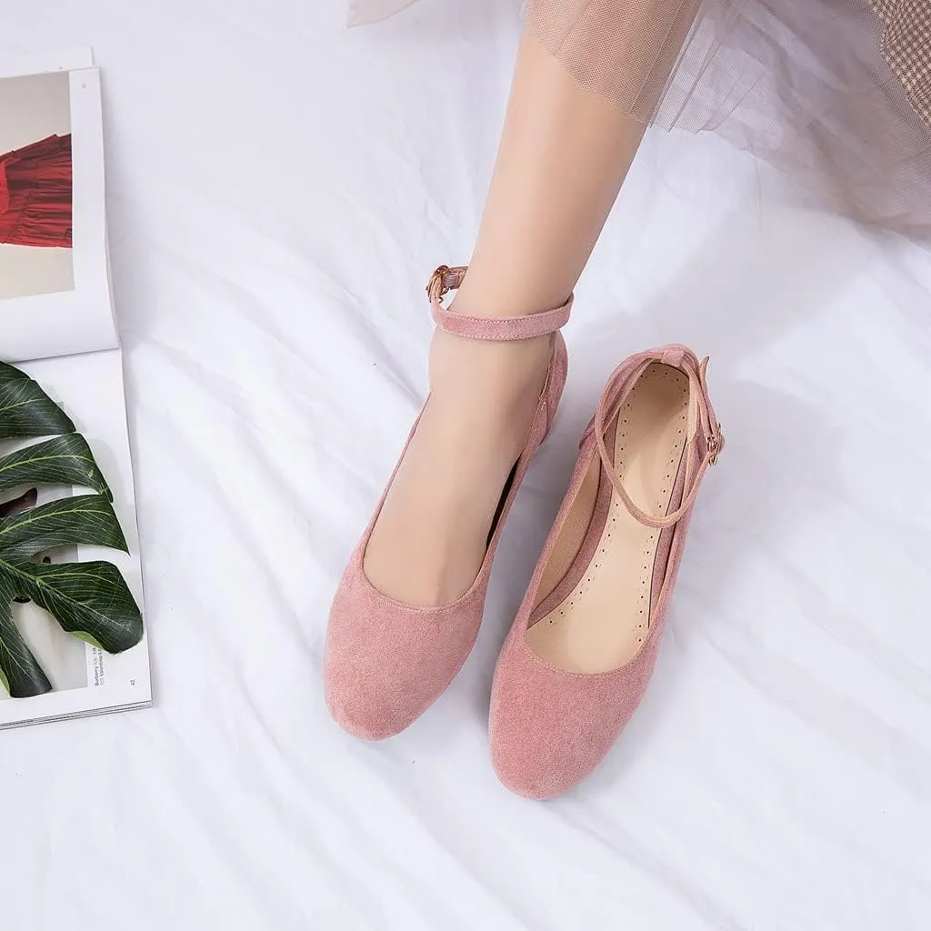 MIOKE Women's Retro Square Toe Mid Block Heel Pumps Suede Ankle Strap Comfort Chunky Office Dress Shoes