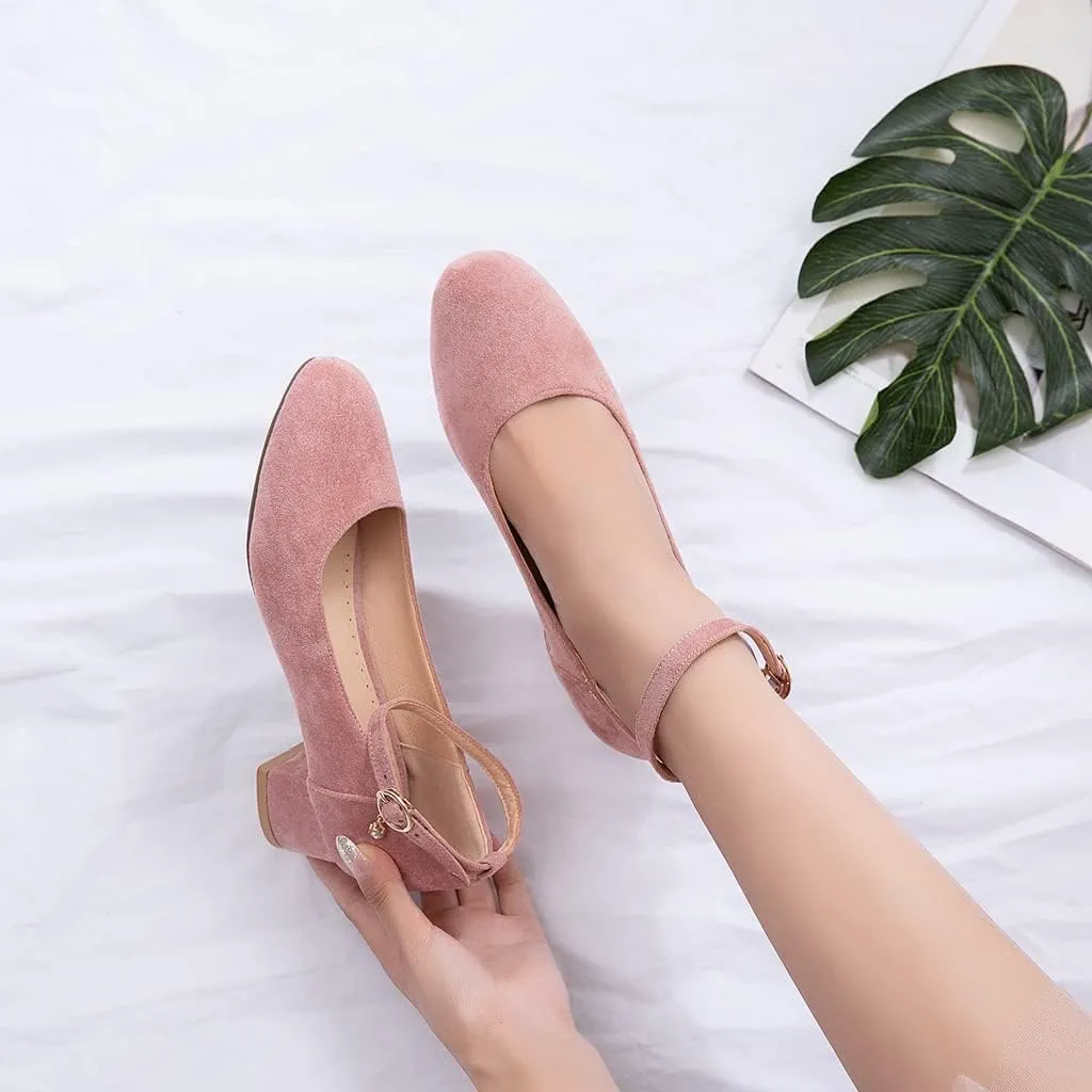 MIOKE Women's Retro Square Toe Mid Block Heel Pumps Suede Ankle Strap Comfort Chunky Office Dress Shoes