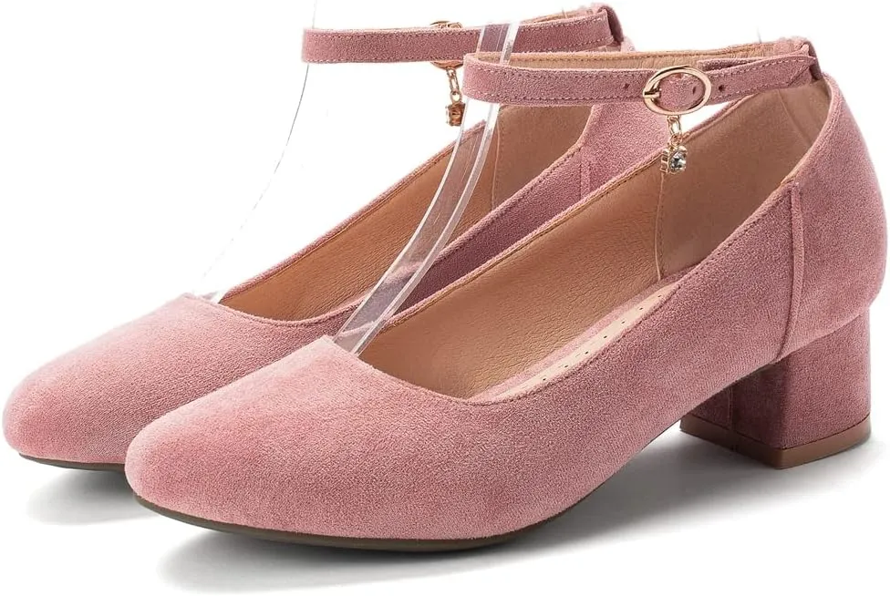 MIOKE Women's Retro Square Toe Mid Block Heel Pumps Suede Ankle Strap Comfort Chunky Office Dress Shoes