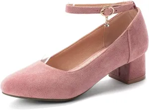 MIOKE Women's Retro Square Toe Mid Block Heel Pumps Suede Ankle Strap Comfort Chunky Office Dress Shoes