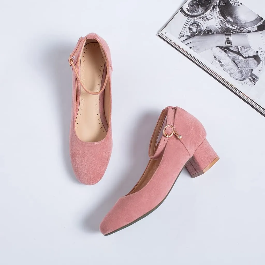 MIOKE Women's Retro Square Toe Mid Block Heel Pumps Suede Ankle Strap Comfort Chunky Office Dress Shoes
