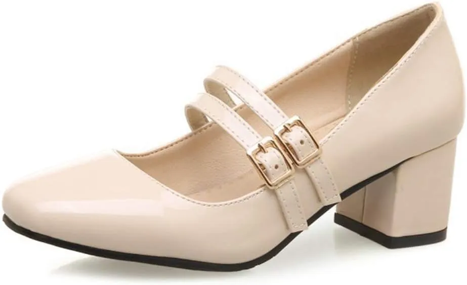 MIOKE Women's Square Toe Mary Jane Pumps Buckle Strappy Comfort Chunky Block Mid Heel Classic Dress Shoes