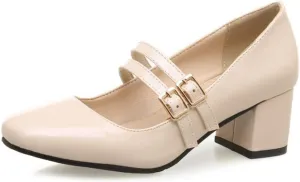 MIOKE Women's Square Toe Mary Jane Pumps Buckle Strappy Comfort Chunky Block Mid Heel Classic Dress Shoes