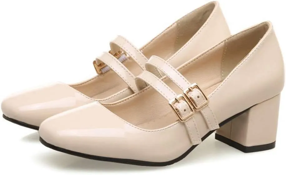 MIOKE Women's Square Toe Mary Jane Pumps Buckle Strappy Comfort Chunky Block Mid Heel Classic Dress Shoes