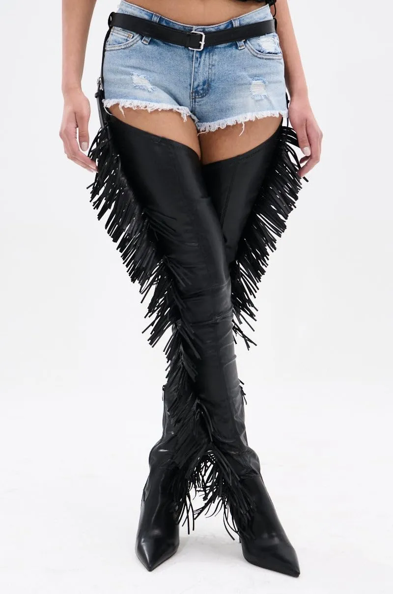 MissHeel Thigh High Belted Chap Boots with Fringe Sexy Over the Knee Stiletto Boot Side Zipper