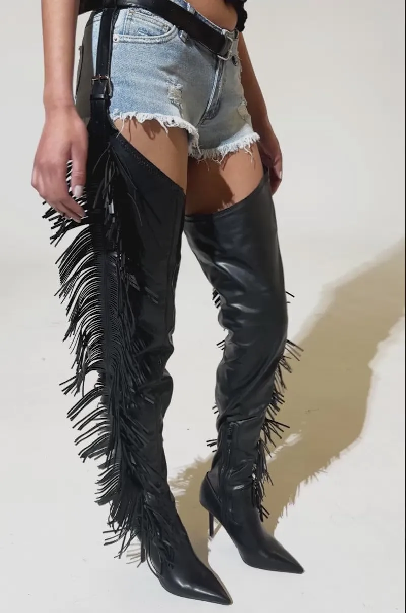 MissHeel Thigh High Belted Chap Boots with Fringe Sexy Over the Knee Stiletto Boot Side Zipper