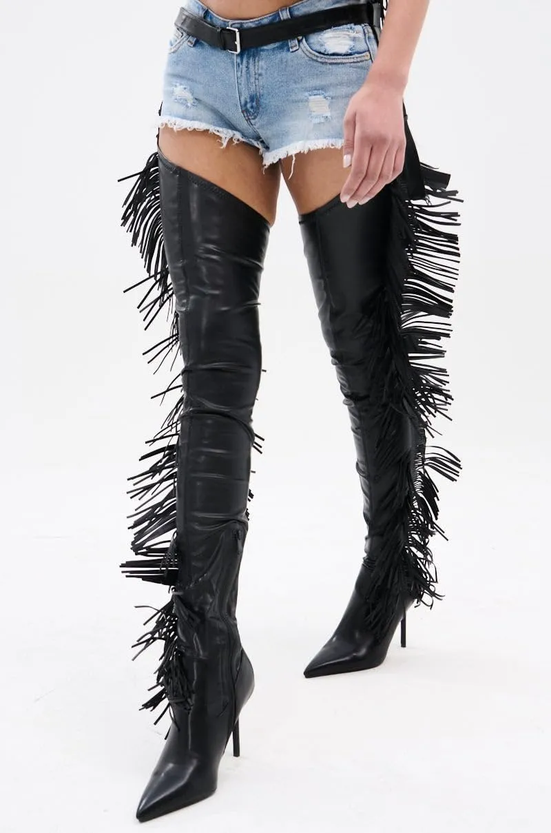 MissHeel Thigh High Belted Chap Boots with Fringe Sexy Over the Knee Stiletto Boot Side Zipper