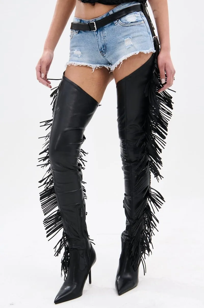 MissHeel Thigh High Belted Chap Boots with Fringe Sexy Over the Knee Stiletto Boot Side Zipper