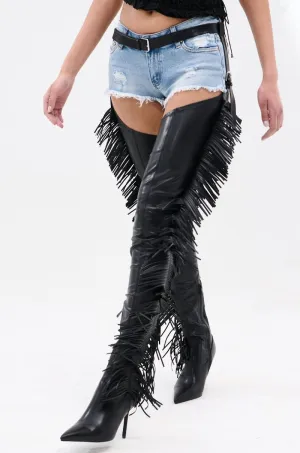 MissHeel Thigh High Belted Chap Boots with Fringe Sexy Over the Knee Stiletto Boot Side Zipper
