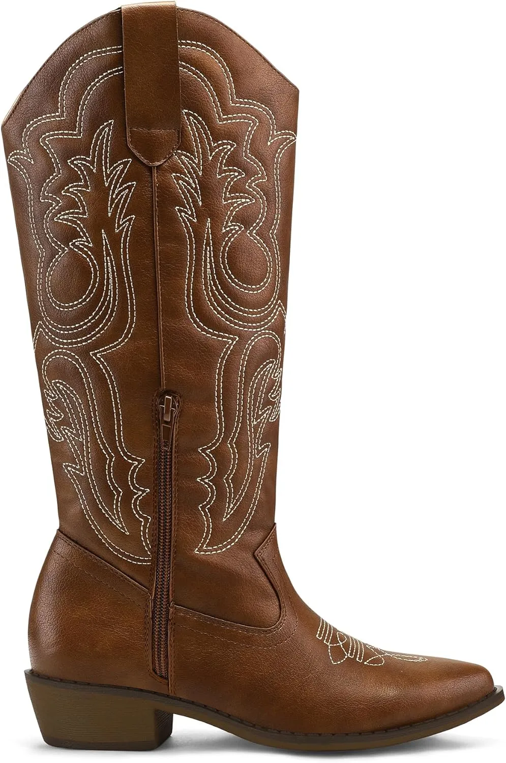 mysoft Women's Cowboy Boots Mid Calf Cowgirl Embroidered Western Pointed Toe Chunky Heel Pull On Knee High Boots