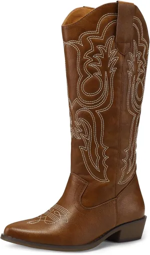 mysoft Women's Cowboy Boots Mid Calf Cowgirl Embroidered Western Pointed Toe Chunky Heel Pull On Knee High Boots