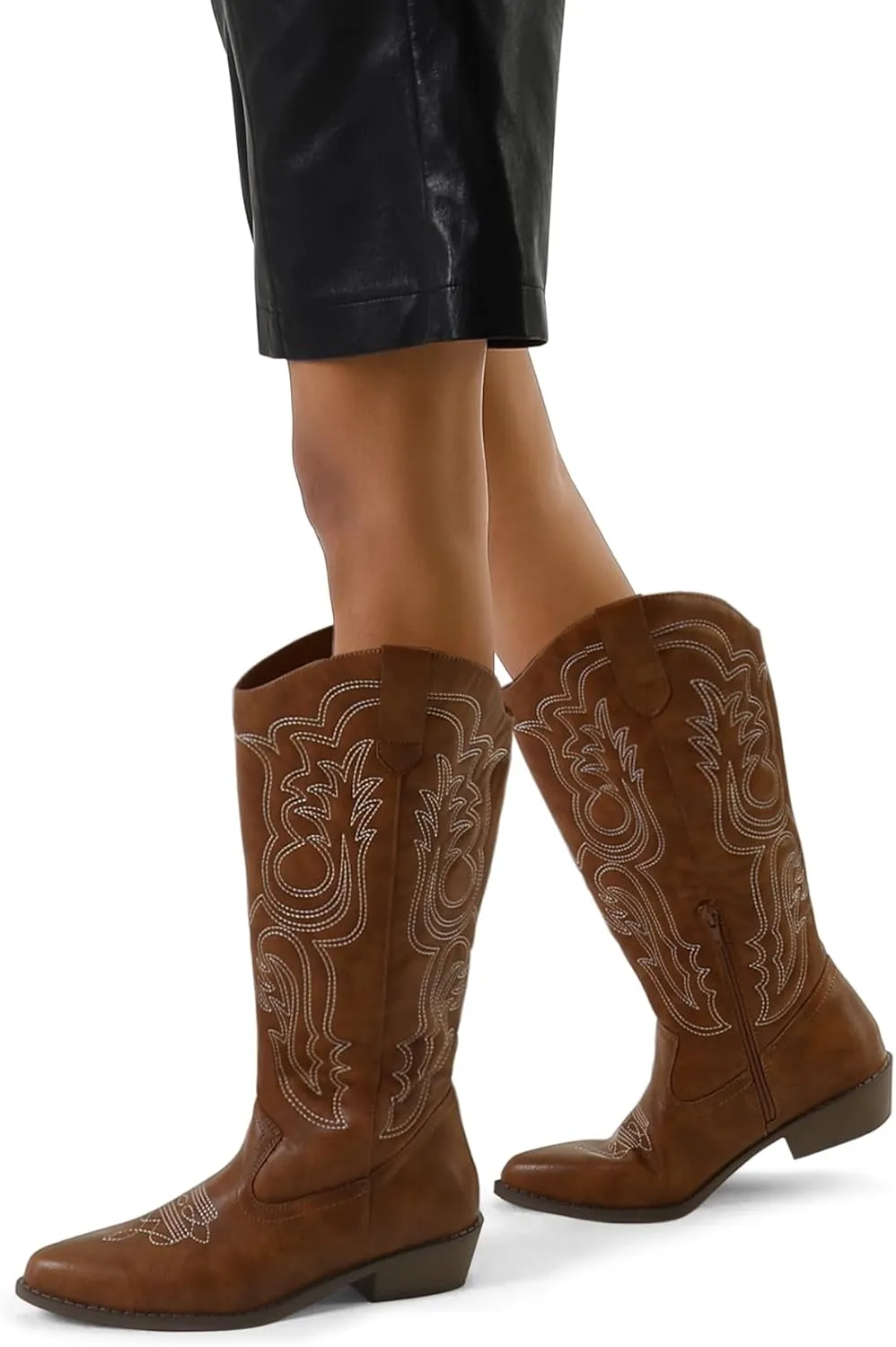mysoft Women's Cowboy Boots Mid Calf Cowgirl Embroidered Western Pointed Toe Chunky Heel Pull On Knee High Boots