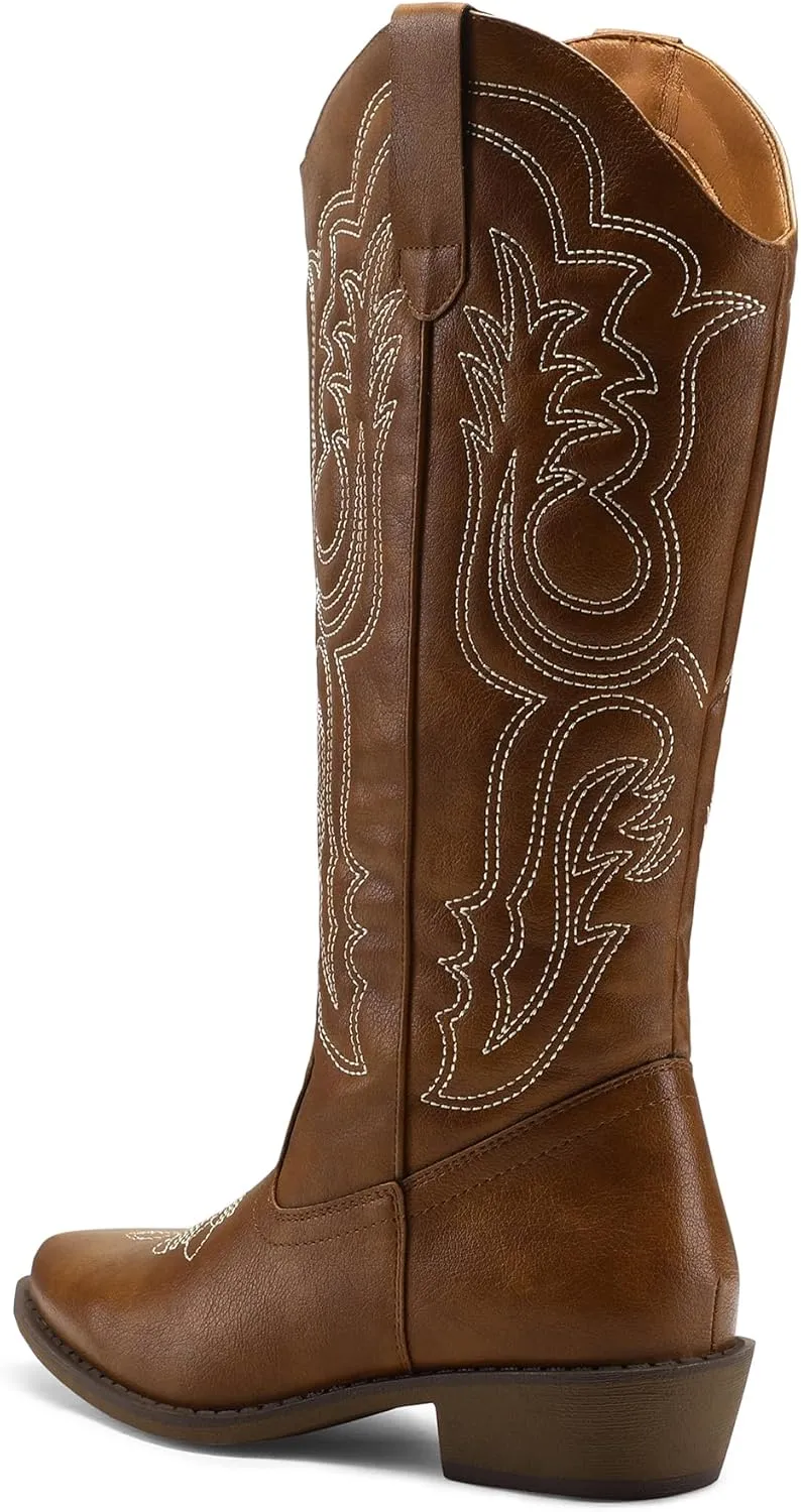 mysoft Women's Cowboy Boots Mid Calf Cowgirl Embroidered Western Pointed Toe Chunky Heel Pull On Knee High Boots