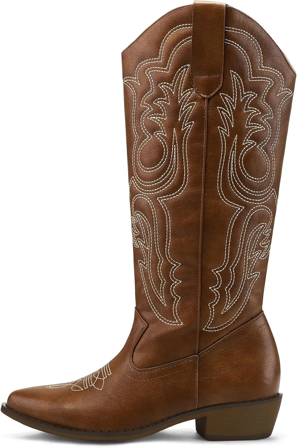 mysoft Women's Cowboy Boots Mid Calf Cowgirl Embroidered Western Pointed Toe Chunky Heel Pull On Knee High Boots