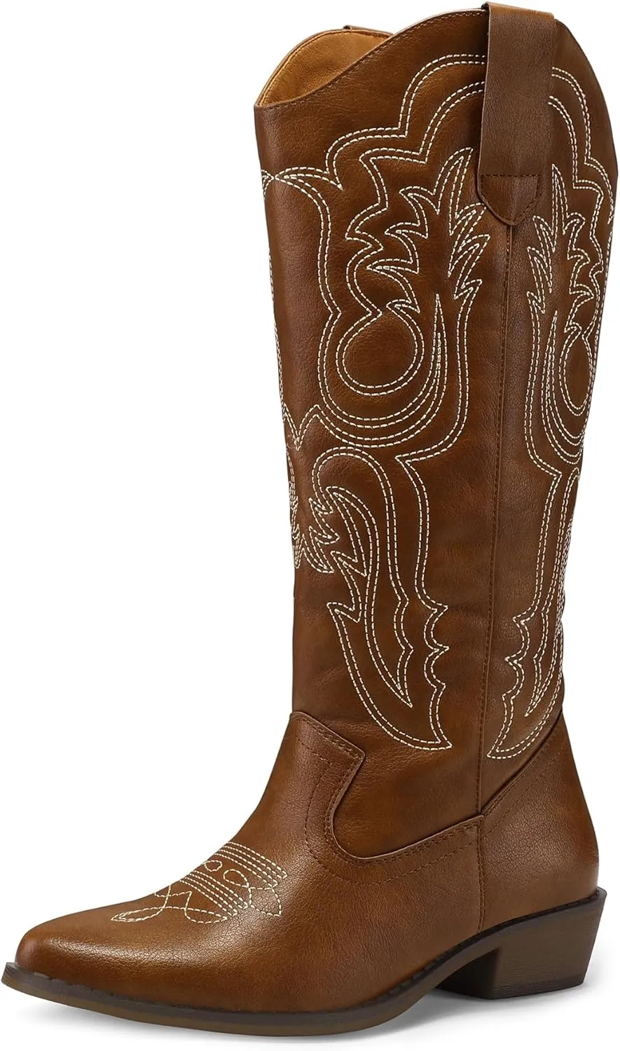 mysoft Women's Cowboy Boots Mid Calf Cowgirl Embroidered Western Pointed Toe Chunky Heel Pull On Knee High Boots